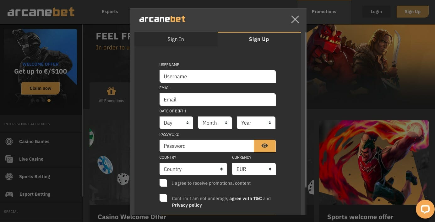 ArcaneBet サインアップ